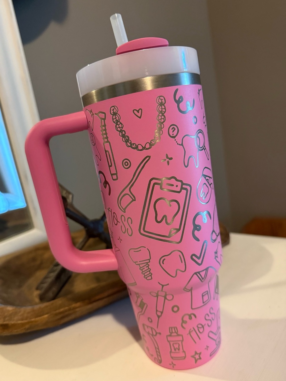 Stanley Pink Dental Doodle Travel Tumbler with Handle